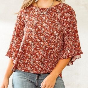 Lady's willow root Red‎ Floral S Ruffle Cottagecore Feminine Bell Sleeves blouse